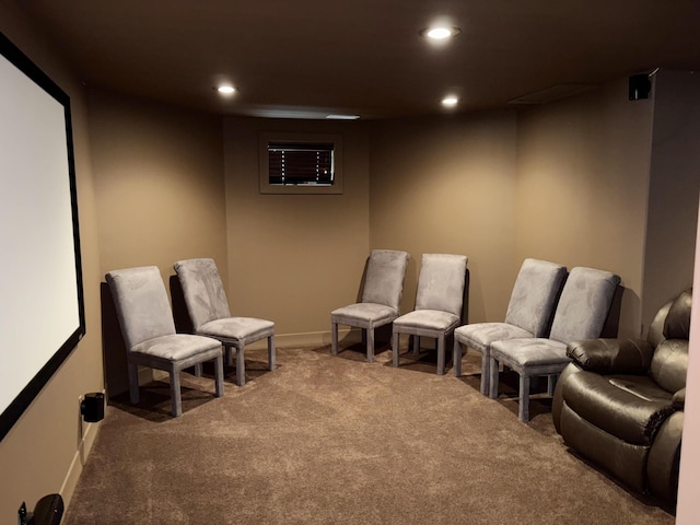cinema featuring recessed lighting, carpet floors, and baseboards
