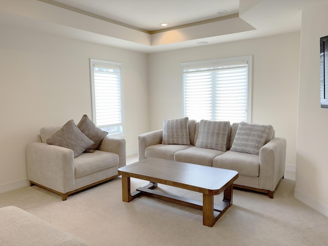 living room featuring light carpet, a tray ceiling, and baseboards