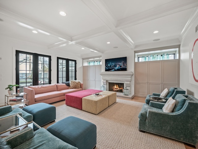 living room featuring recessed lighting, coffered ceiling, beam ceiling, crown molding, and a lit fireplace