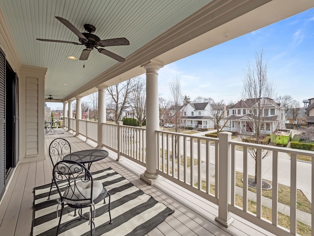457 Catalpa Dr, Birmingham, MI 48009 - wooden deck featuring a residential view, ceiling fan, and covered porch