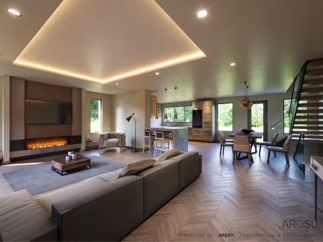 1286 Taylor Rd, Auburn Hills, MI 48326 - living room featuring a tray ceiling, recessed lighting, a large fireplace, and baseboards