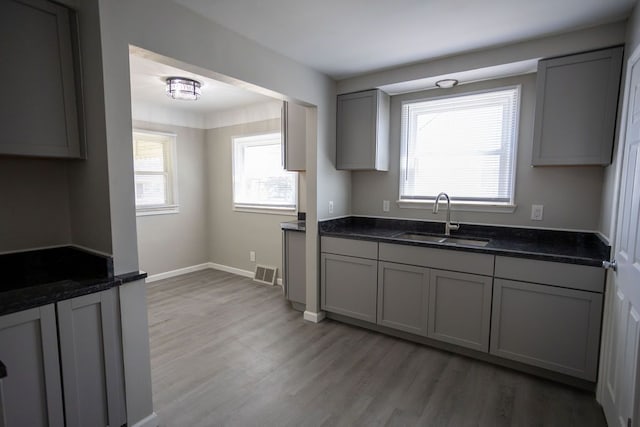 kitchen featuring dark stone counters, light wood finished floors, a sink, gray cabinets, and visible vents