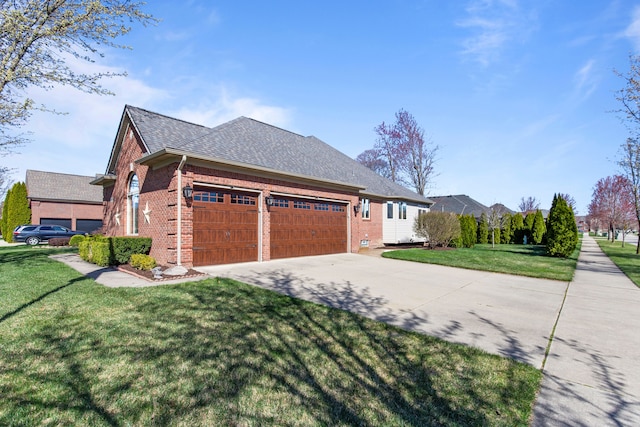 view of home's exterior with a lawn, concrete driveway, brick siding, and a garage
