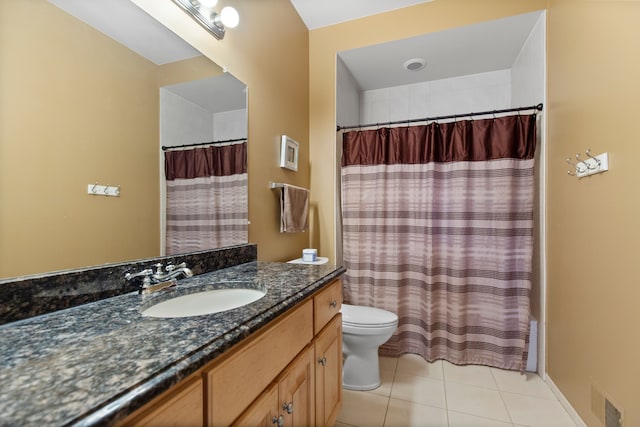 bathroom with a shower with curtain, toilet, visible vents, tile patterned flooring, and vanity