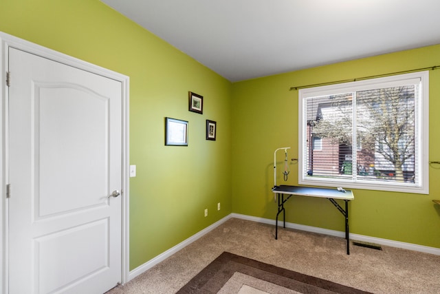 office space with carpet floors, visible vents, and baseboards