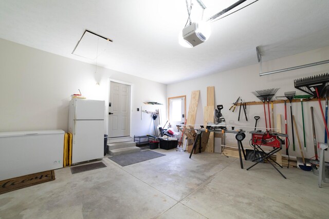 333 Quarterline St, Newaygo, MI 49337 - garage with freestanding refrigerator, refrigerator, and a garage door opener