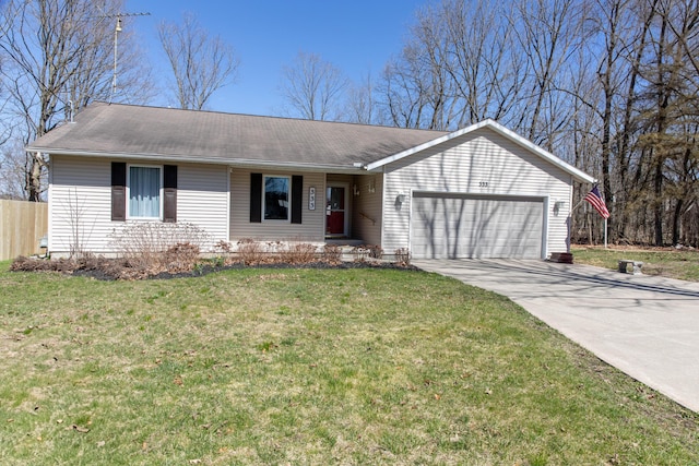 333 Quarterline St, Newaygo, MI 49337 - ranch-style home with concrete driveway, an attached garage, fence, and a front yard