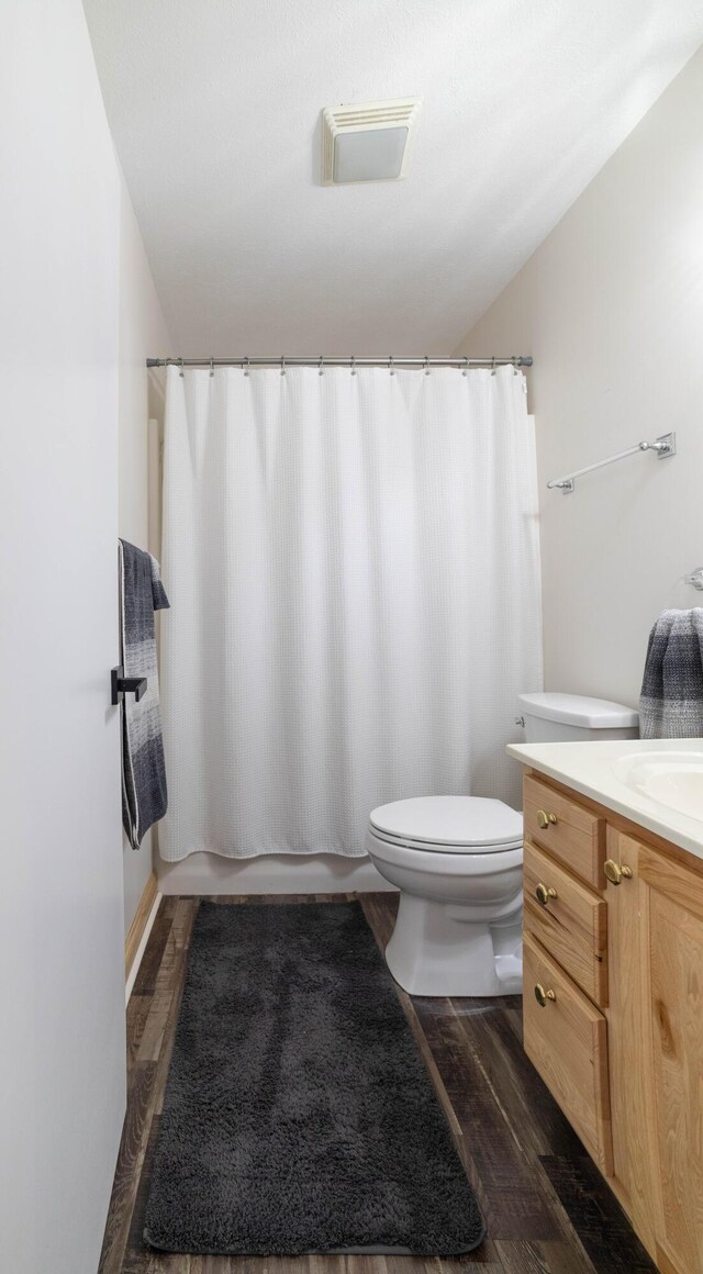 333 Quarterline St, Newaygo, MI 49337 - bathroom featuring wood finished floors, toilet, vanity, and a shower with curtain