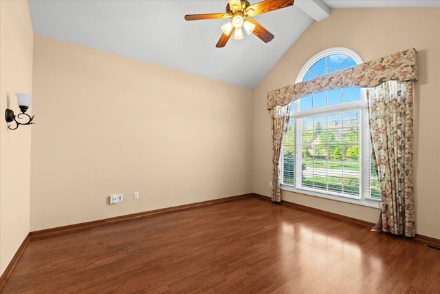 48491 Inveraray Rd, Canton, MI 48188 - spare room featuring wood finished floors, beam ceiling, baseboards, ceiling fan, and high vaulted ceiling