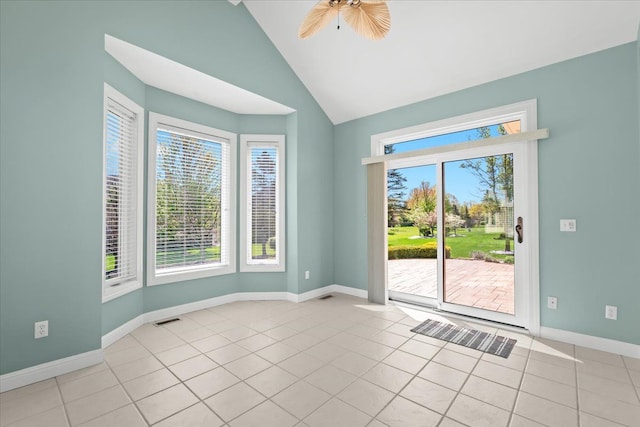 48491 Inveraray Rd, Canton, MI 48188 - spare room with healthy amount of natural light, light tile patterned floors, baseboards, a ceiling fan, and high vaulted ceiling