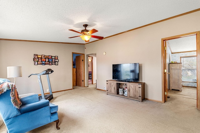 6545 Hiller Ave, Whitmore Lake, MI 48189 - living area featuring crown molding, carpet, a ceiling fan, a textured ceiling, and baseboards