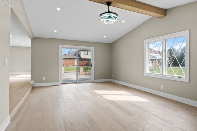 unfurnished room with light wood-type flooring, lofted ceiling with beams, and recessed lighting