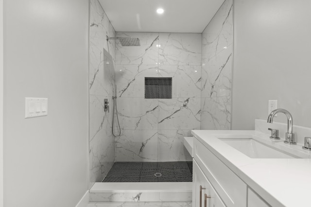 full bathroom featuring a marble finish shower, visible vents, recessed lighting, marble finish floor, and vanity