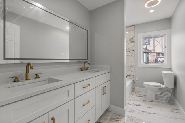 full bath featuring marble finish floor, a sink, double vanity, and toilet