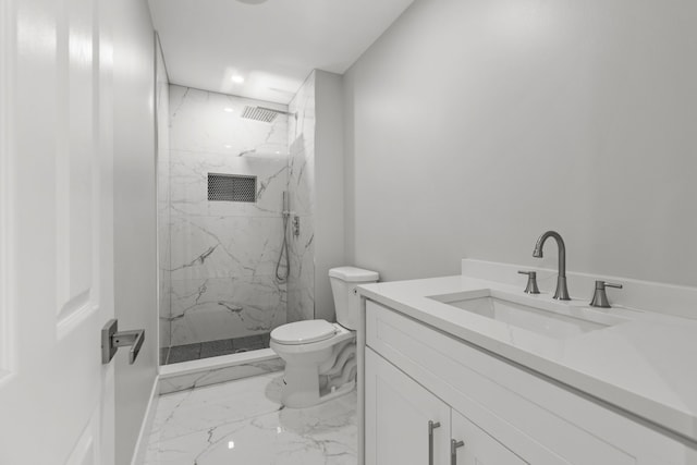 full bath featuring marble finish floor, toilet, vanity, and a marble finish shower
