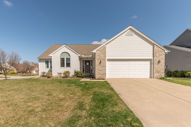 ranch-style home featuring driveway, an attached garage, a front yard, and brick siding