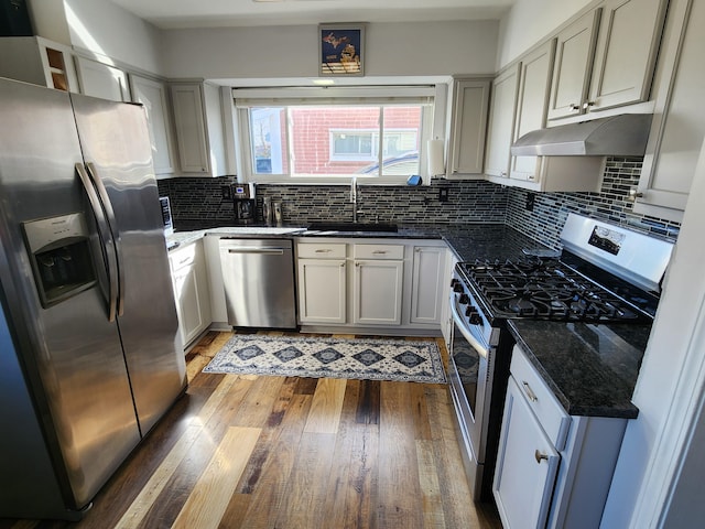 kitchen with wood finished floors, a sink, stainless steel appliances, backsplash, and under cabinet range hood