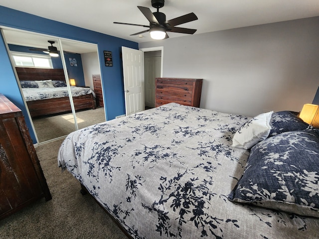 carpeted bedroom featuring ceiling fan