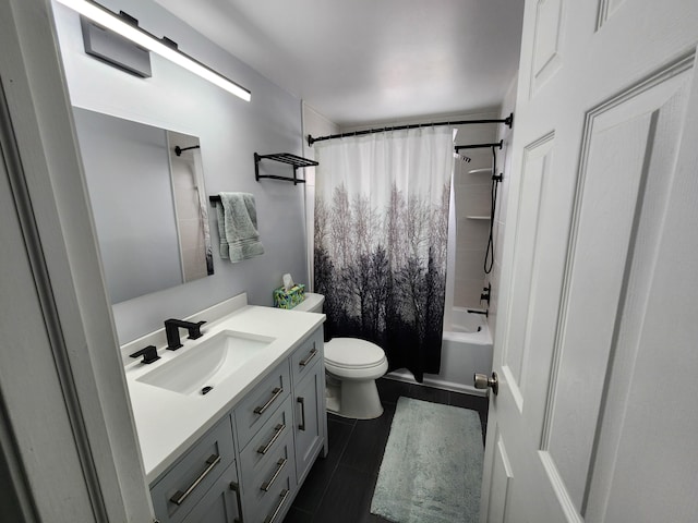 full bathroom featuring shower / bath combo, toilet, and vanity
