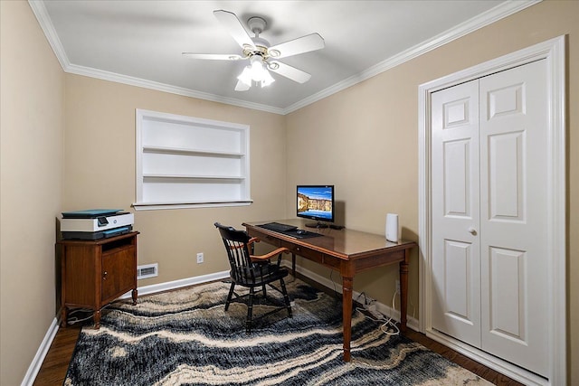 office featuring ceiling fan, visible vents, built in features, dark wood finished floors, and baseboards