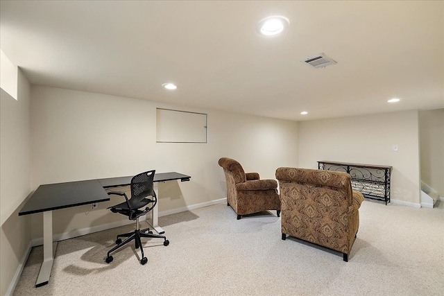 office featuring light colored carpet, recessed lighting, baseboards, and visible vents