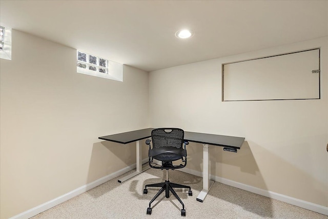 office area featuring baseboards, recessed lighting, and carpet floors