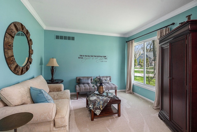 living area featuring crown molding, baseboards, visible vents, and light carpet