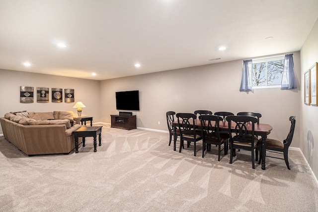 dining room with baseboards, visible vents, recessed lighting, and light colored carpet