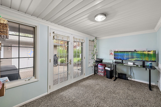 office with crown molding, baseboards, french doors, and carpet