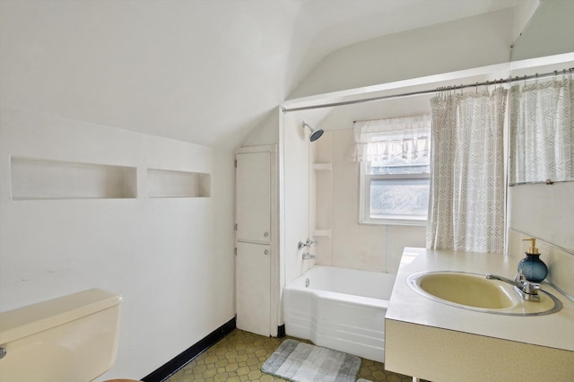 full bathroom with vaulted ceiling, toilet, vanity, and bathing tub / shower combination