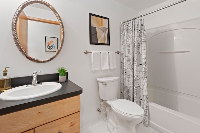 bathroom with toilet, vanity, shower / tub combo, and tile patterned floors