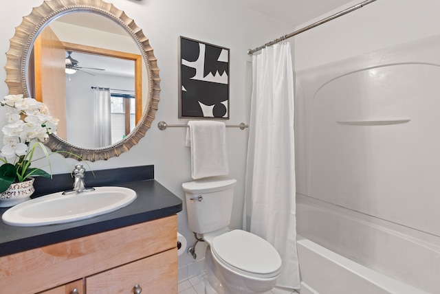 full bath featuring shower / bath combination with curtain, ceiling fan, toilet, and vanity