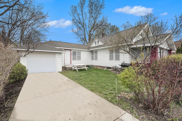 view of front of home featuring concrete driveway, a front lawn, a chimney, a shingled roof, and a garage