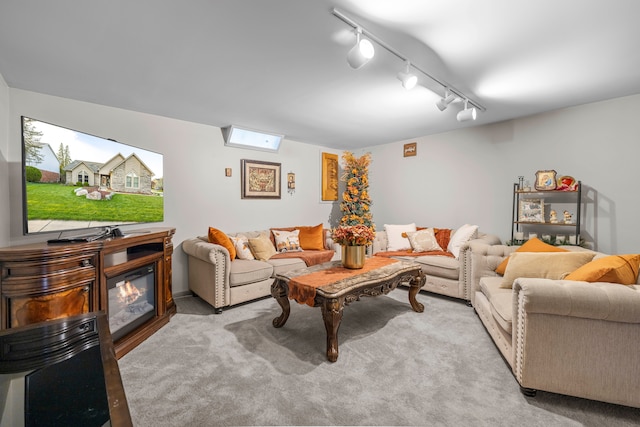living room with rail lighting and light carpet