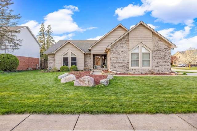 single story home featuring brick siding and a front yard