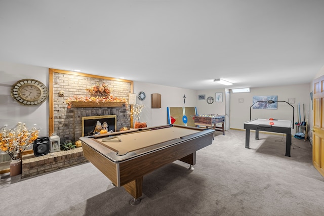 game room with baseboards, light colored carpet, billiards, and a fireplace