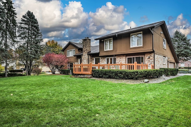 3052 Westman Ct, Bloomfield Hills, MI 48304 - back of house with brick siding, a lawn, a chimney, and a wooden deck