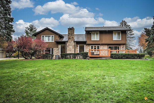 3052 Westman Ct, Bloomfield Hills, MI 48304 - back of property with brick siding, a lawn, a wooden deck, and a chimney
