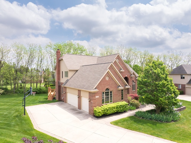 24160 Argyle St, Novi, MI 48374 - view of home's exterior with brick siding, driveway, a garage, a chimney, and a yard