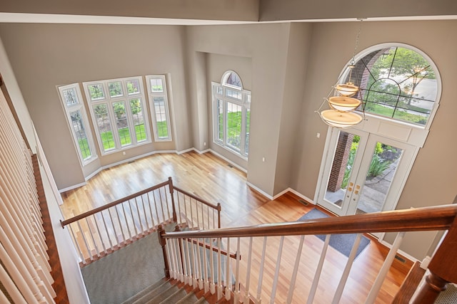 24160 Argyle St, Novi, MI 48374 - staircase featuring healthy amount of natural light, wood finished floors, a towering ceiling, baseboards, and french doors