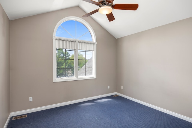 24160 Argyle St, Novi, MI 48374 - unfurnished room with a ceiling fan, baseboards, lofted ceiling, and dark colored carpet
