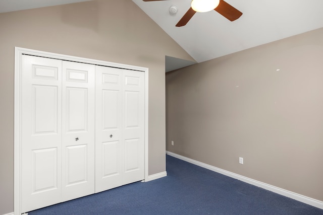 24160 Argyle St, Novi, MI 48374 - unfurnished bedroom featuring lofted ceiling, dark carpet, a closet, baseboards, and ceiling fan