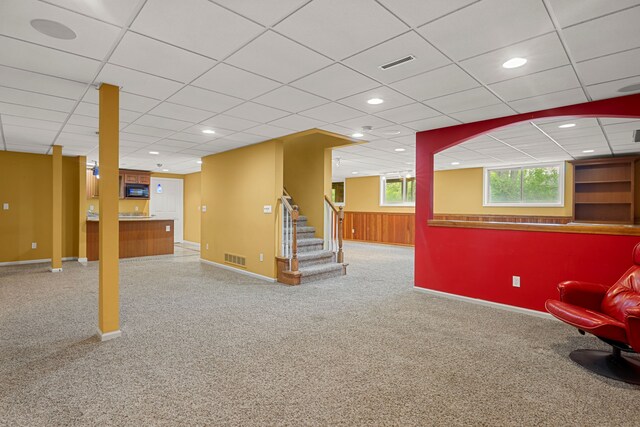 24160 Argyle St, Novi, MI 48374 - basement with stairs, carpet flooring, baseboards, a drop ceiling, and bar