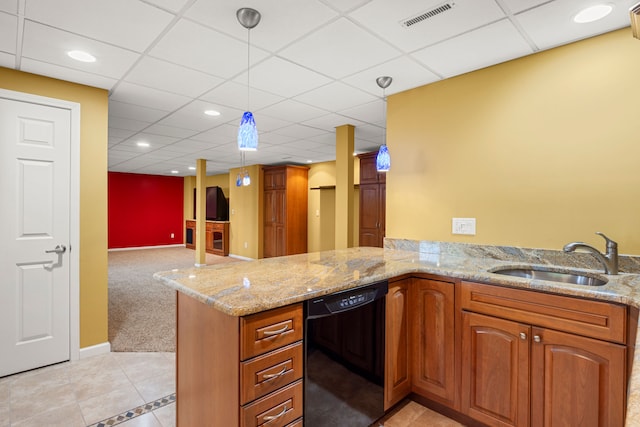24160 Argyle St, Novi, MI 48374 - kitchen with a sink, dishwasher, brown cabinetry, pendant lighting, and a paneled ceiling