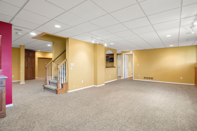 24160 Argyle St, Novi, MI 48374 - carpeted spare room with a paneled ceiling, baseboards, stairway, and recessed lighting