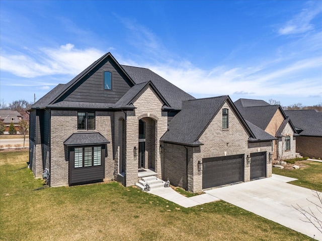 14105 Jode Park, Shelby Twp, MI 48315 - french country home featuring concrete driveway, a front yard, brick siding, and roof with shingles