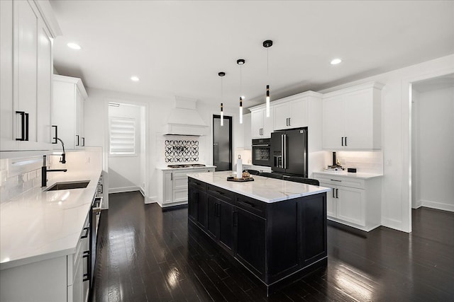 14105 Jode Park, Shelby Twp, MI 48315 - kitchen with black appliances, premium range hood, a sink, backsplash, and recessed lighting
