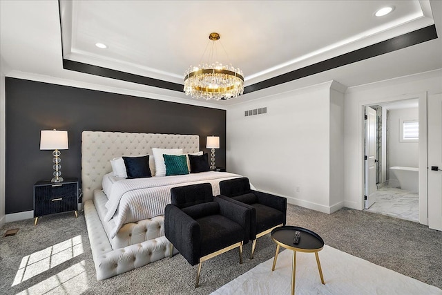 14105 Jode Park, Shelby Twp, MI 48315 - carpeted bedroom featuring a raised ceiling, a chandelier, recessed lighting, baseboards, and ornamental molding