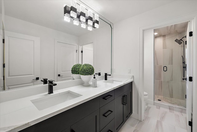 14105 Jode Park, Shelby Twp, MI 48315 - bathroom with a stall shower, toilet, double vanity, marble finish flooring, and baseboards