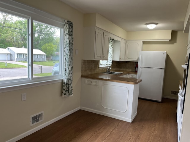 2120 Hemlock Ave, Portage, MI 49024 - kitchen with freestanding refrigerator, a sink, dark wood-style floors, and plenty of natural light